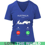 AUSTRALIA IS CALLING T-SHIRT K5 - australia-is-calling-t-shirt-c1-district-womens-v-neck-royal-blue-s-shirts-1sttheworld_779