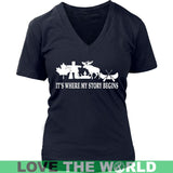 CANADA IT'S WHERE MY STORY BEGINS - canada-its-where-my-story-begins-district-womens-v-neck-navy-s-t-shirts-1sttheworld_486
