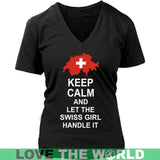 KEEP CALM SWISS GIRL 3 - keep-calm-swiss-girl-3-district-womens-v-neck-black-s-t-shirts-1sttheworld_749