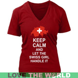 KEEP CALM SWISS GIRL 3 - keep-calm-swiss-girl-3-district-womens-v-neck-red-s-t-shirts-1sttheworld_130